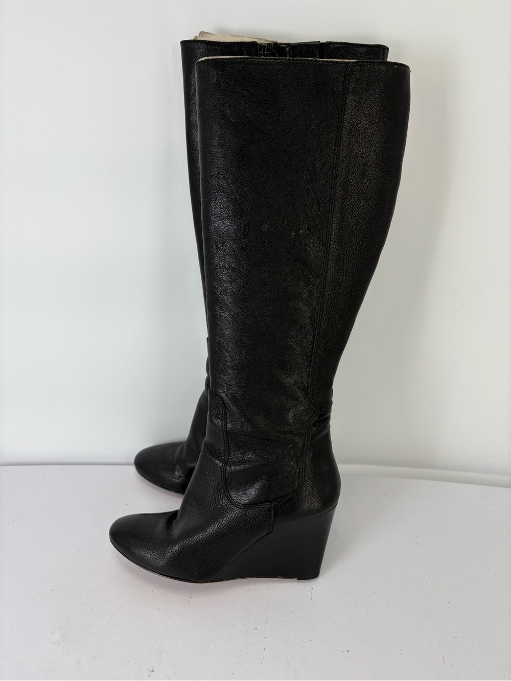 📦 Nine West Heartset leather tall Black Wedge Knee Boots
